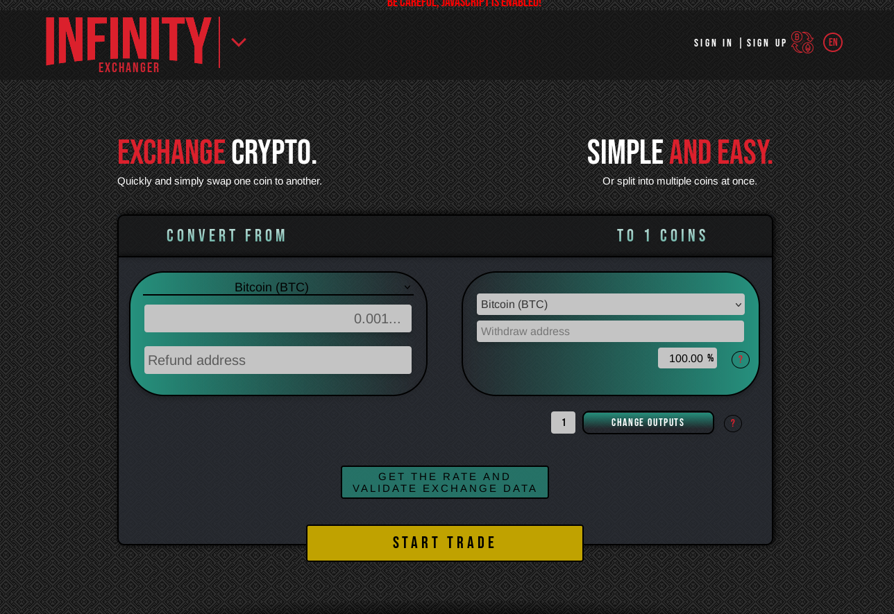 Infinity Exchanger interface
